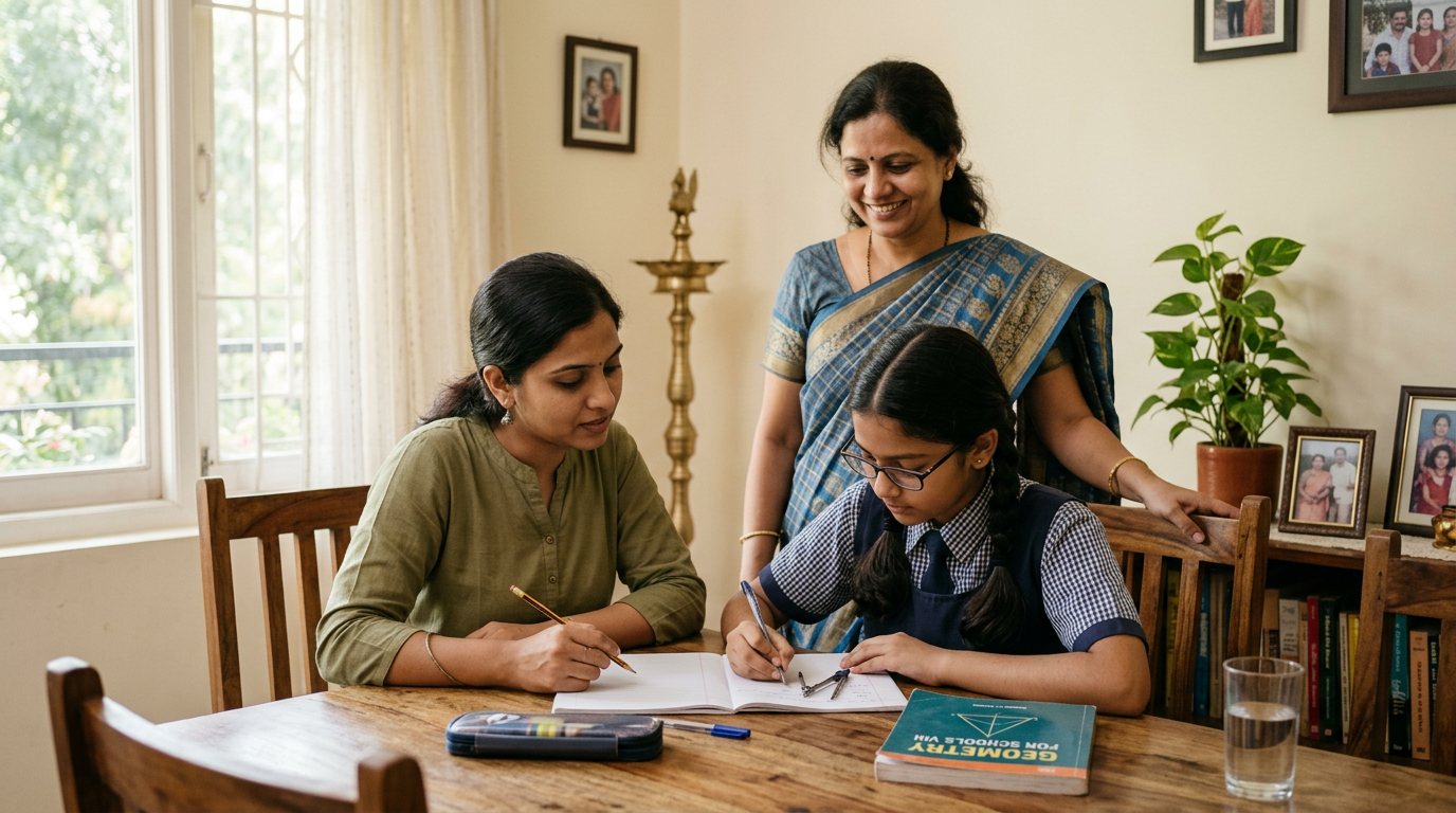A tutor helps a schoolgirl with geometry at the family dining table while her mother looks on