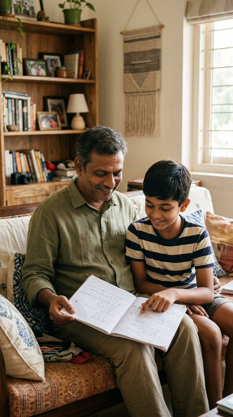 A father and his son look through a school notebook together on the sofa at home
