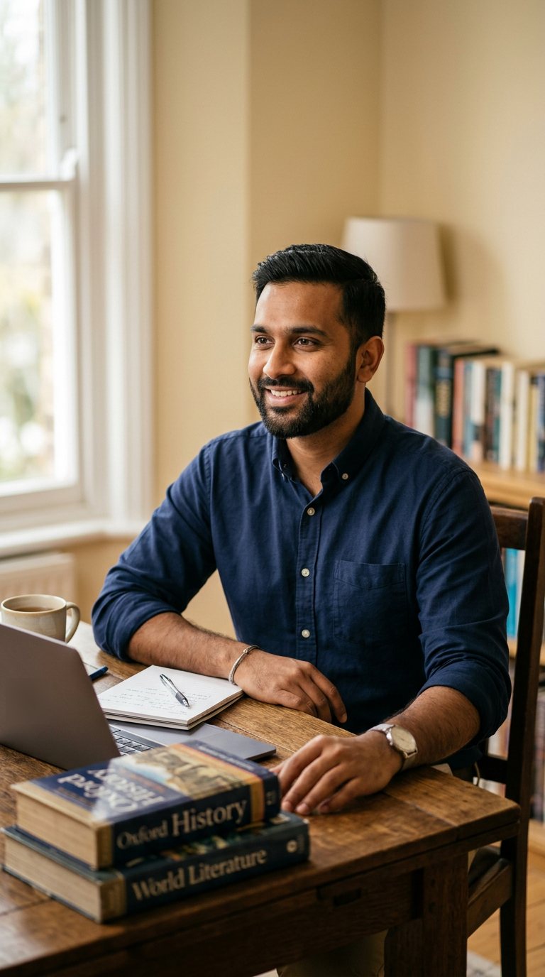 A tutor in a navy shirt sits at his study desk with a laptop and notes